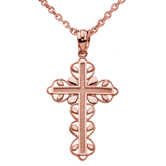 Rose Gold Filigree Cross Faith & Love Pendant Necklace