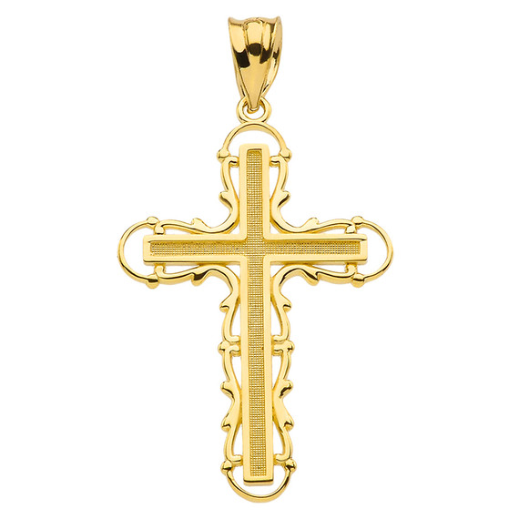 Yellow Gold Filigree Dainty Cross Pendant Necklace