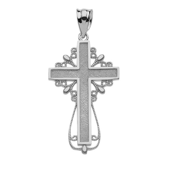 White Gold Latin Filigree Cross Pendant Necklace