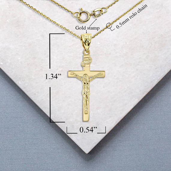 Yellow Gold Jesus Crucifix Cross Pendant Necklace with Measurement