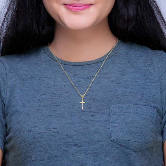 Yellow Gold Jesus Crucifix Cross Pendant Necklace on a Model