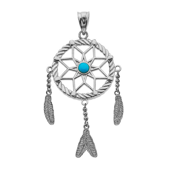 White Gold And Turquoise Flower Dream Catcher Pendant Necklace