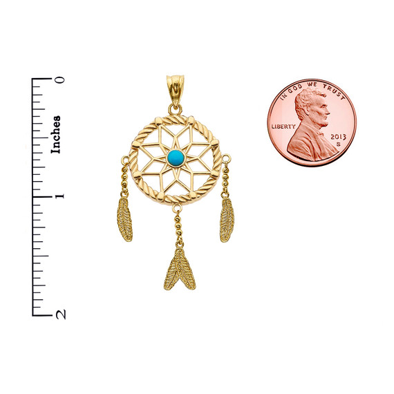 Yellow Gold And Turquoise Flower Dream Catcher Pendant Necklace