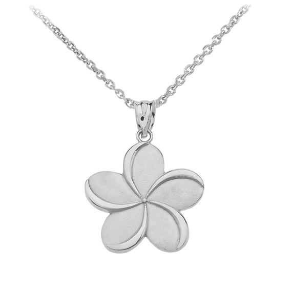 White Gold Hawaiian Plumeria Flower Pendant Necklace