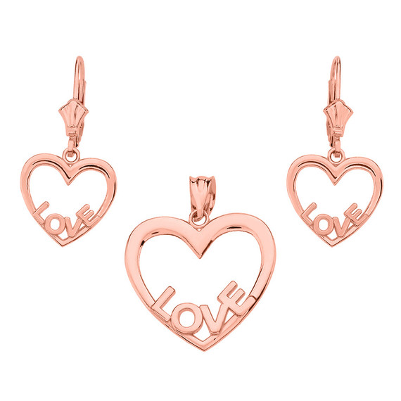 14K Gold Love Heart Necklace Earring Set(Available in Yellow/Rose/White Gold)