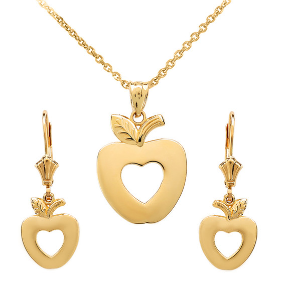 14K Gold Apple Heart Necklace Earring Set(Available in Yellow/Rose/White Gold)