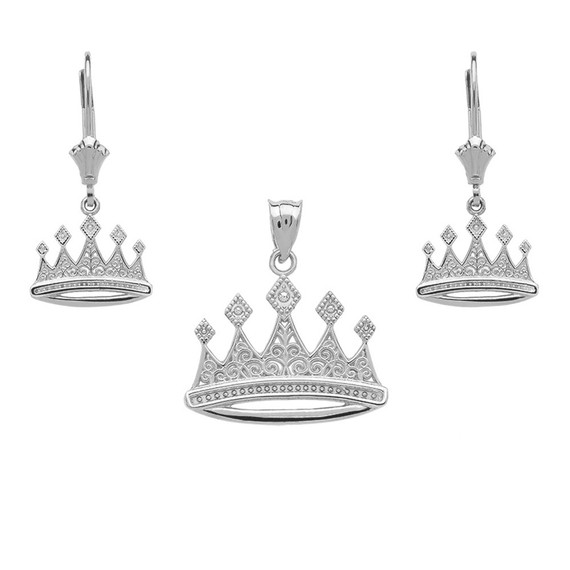 14K Gold Royal Crown Necklace Earring Set(Available in Yellow/Rose/White Gold)