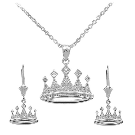 Sterling Silver Royal Crown Necklace Earring Set
