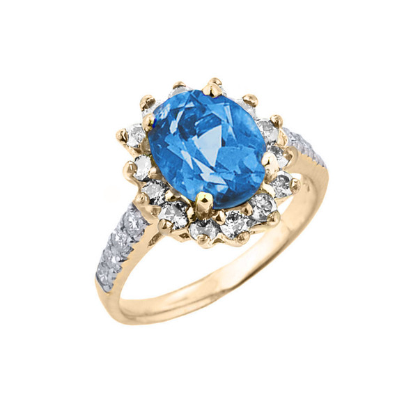 Yellow Gold Diamond And Blue Topaz Birthstone Proposal Ring