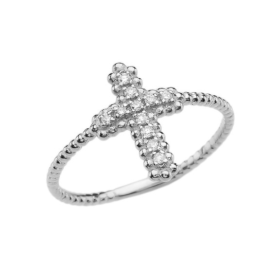 White Gold Diamond Cross With Beaded Band Dainty Ring