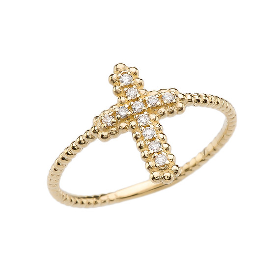 Yellow Gold Diamond Cross With Beaded Band Dainty Ring