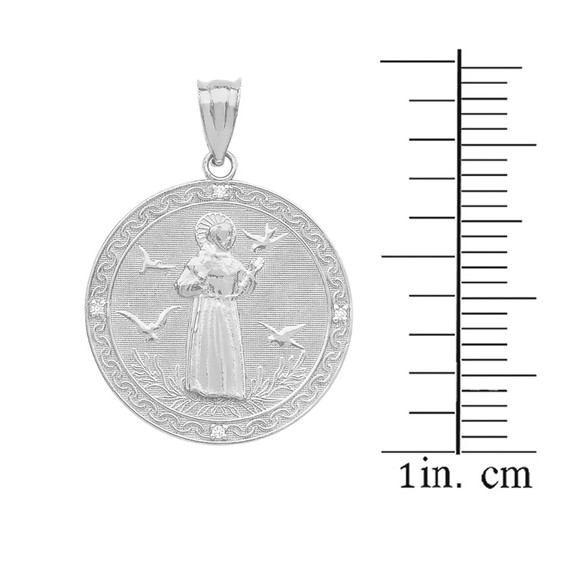 Sterling Silver Saint Francis of Assisi Circle Medallion CZ Stone Pendant Necklace (Small)