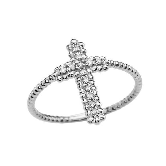 Diamond Cross Beaded Index Ring in White Gold