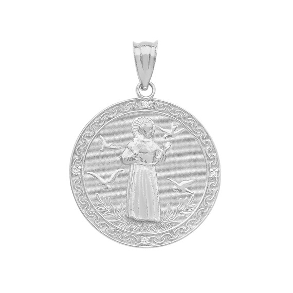 White Gold St. Francis of Assisi Circle Medallion Diamond Pendant Necklace (Medium)