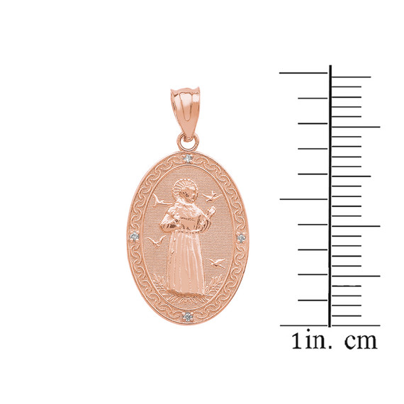 Rose Gold Saint Francis of Assisi Oval Medallion Diamond Pendant Necklace (Small)