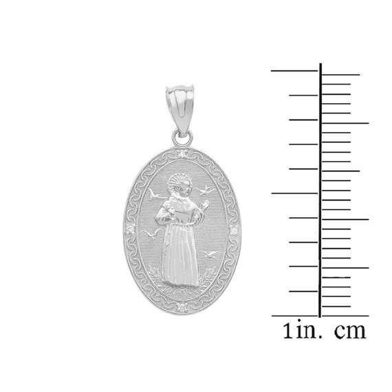 White Gold Saint Francis of Assisi Oval Medallion Diamond Pendant Necklace (Small)