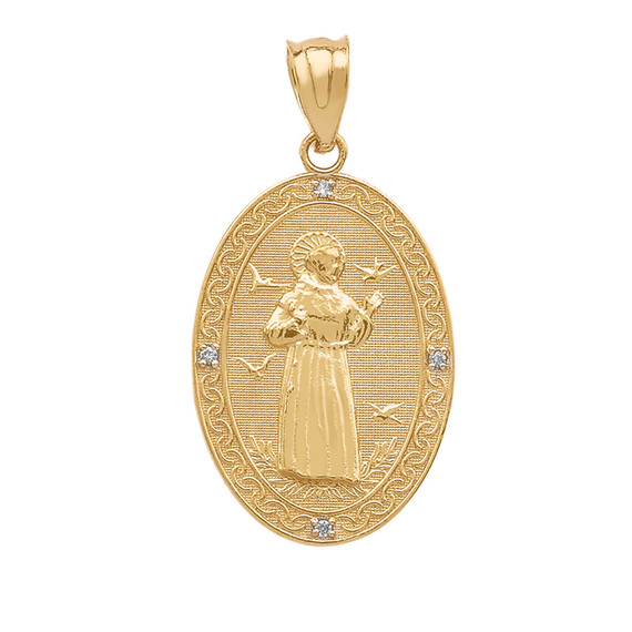 Yellow Gold St. Francis of Assisi Oval Medallion Diamond Pendant Necklace (Medium)
