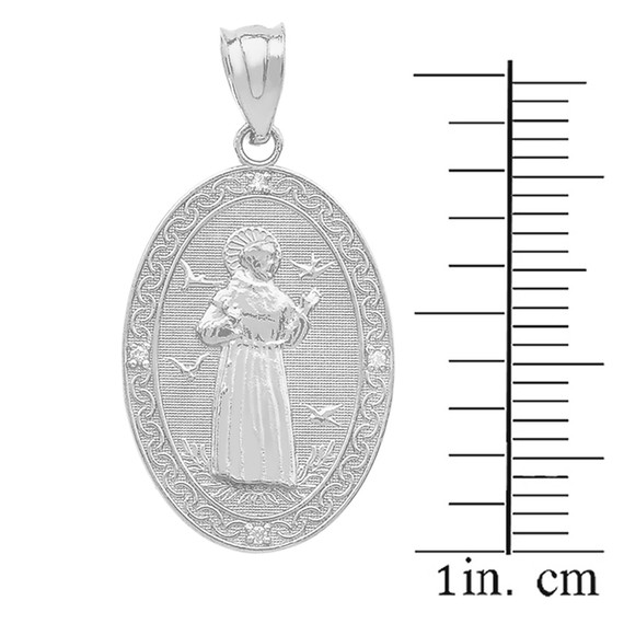 Sterling Silver St.Francis of Assisi Oval Medallion CZ Stone Pendant Necklace (Medium)