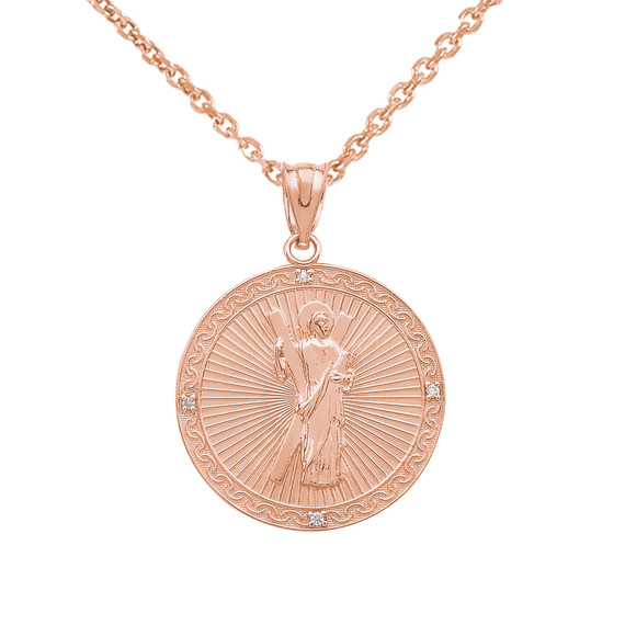 Rose Gold Saint Andrew Circle Medallion Diamond Pendant Necklace (Small)