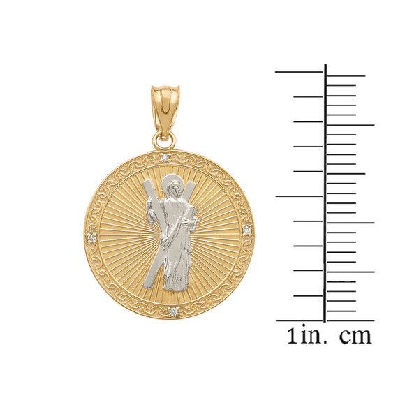 Two Tone Yellow Gold Saint Andrew Circle Medallion Diamond Pendant Necklace  (Small)