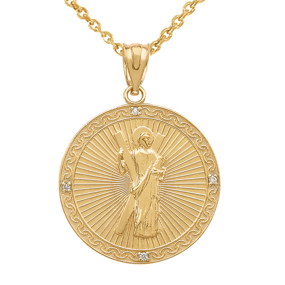 Yellow Gold St. Andrew Circle Medallion Diamond Pendant Necklace  (Medium)