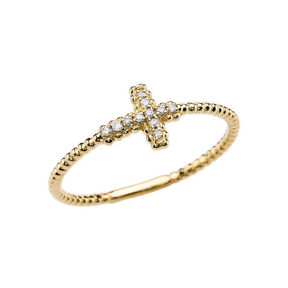 Yellow Gold Diamond Sideways Cross Beaded Ring