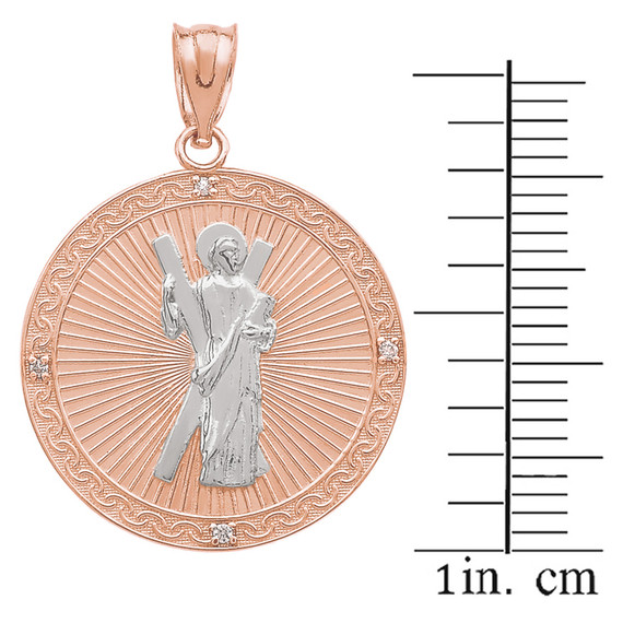 Two Tone Rose Gold St. Andrew Circle Medallion Diamond Pendant Necklace  (Medium)