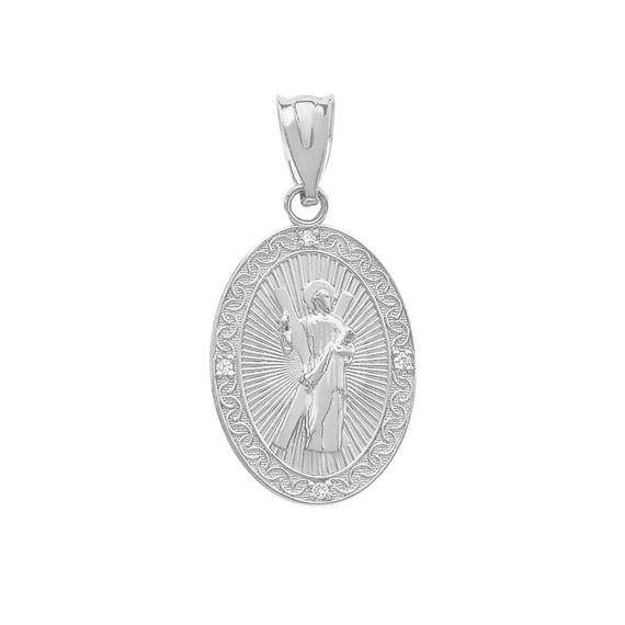 White Gold Saint Andrew Oval Medallion Diamond Pendant Necklace (Small)