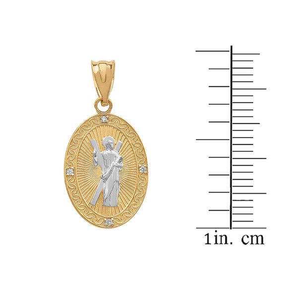 Two Tone Yellow  Gold Saint Andrew Oval Medallion Diamond Pendant Necklace (Small)