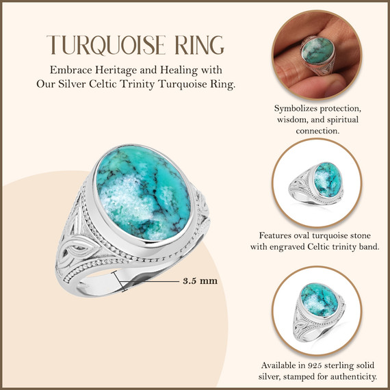 Silver Celtic Trinity Knot Turquoise Birthstone Ring with measurements