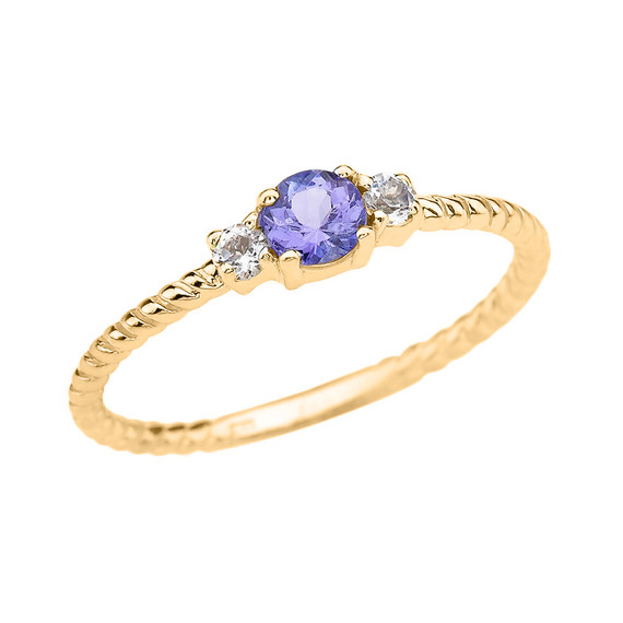 Yellow Gold Dainty Solitaire Tanzanite and White Topaz Rope Design Promise/Stackable Ring