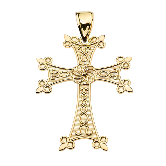 Eternity Armenian Cross "Khachkar" Yellow Gold Pendant Necklace (Medium)