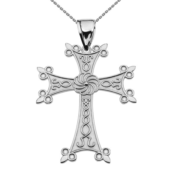 Eternity Armenian Cross "Khachkar" White Gold Pendant Necklace (Large)
