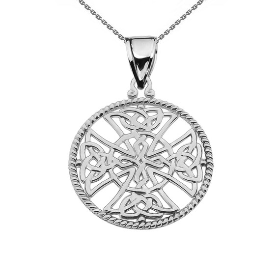 .925 Sterling Silver Trinity Knot Celtic Cross In A Round Rope Frame Pendant Necklace