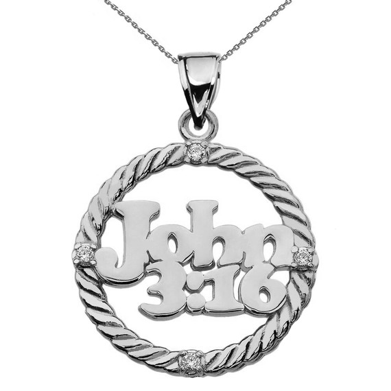 White Gold John 3:16 Diamond Rope Design Pendant Necklace