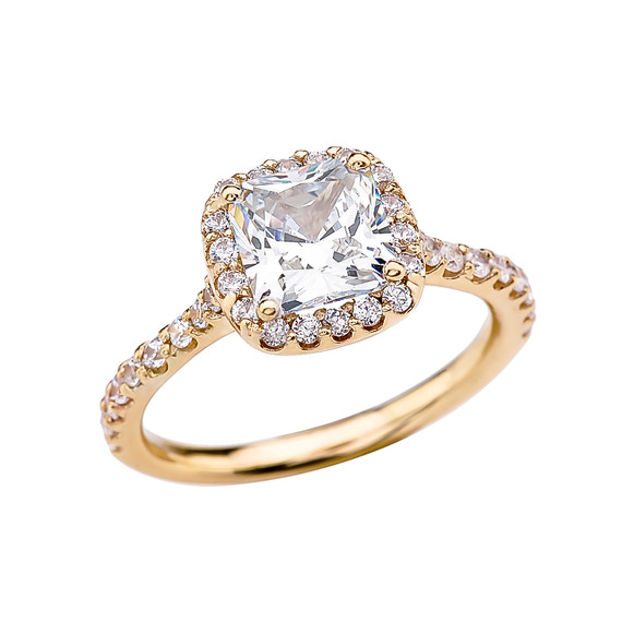 Cushion Shape Solitaire Elegant Yellow Gold 3 Carat Cubic Zirconia  Engagement Proposal Ring