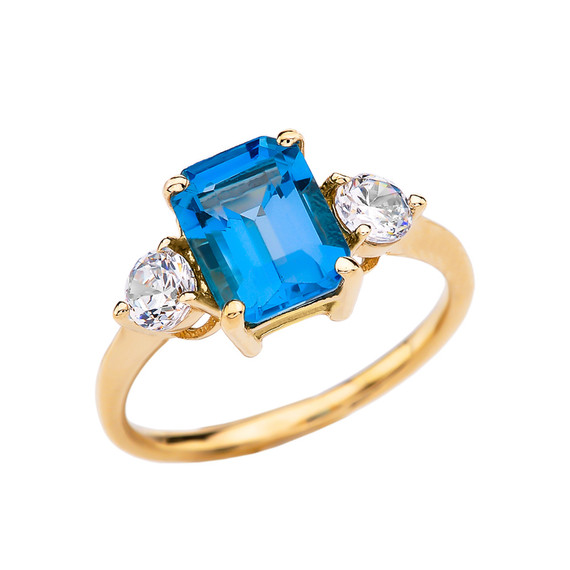 Yellow Gold 2.5 Carat Blue Topaz Modern Ring With White Topaz Side-stones