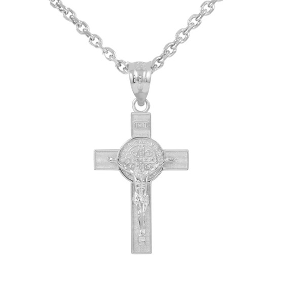 White Gold St. Benedict Crucifix Pendant Necklace