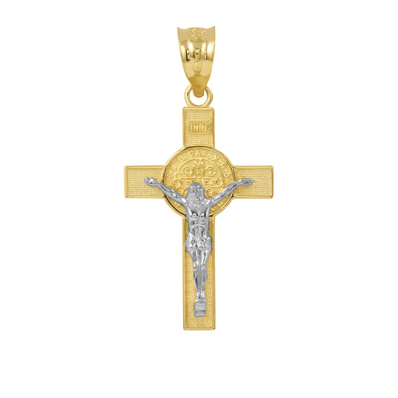 Two Tone Yellow Gold and White Gold St. Benedict Crucifix Pendant Necklace