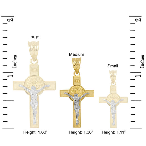 Two Tone Yellow Gold and White Gold St. Benedict Crucifix Pendant Necklace