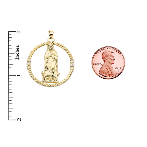 The Blessed Virgin Mary Diamond Yellow Gold Round Design Pendant Necklace