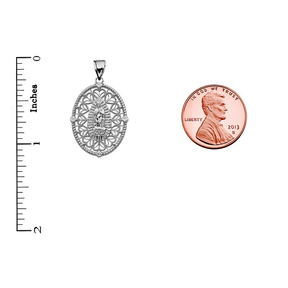 White Gold Our Lady of Guadalupe Pendant Necklace With Diamond Side Stones