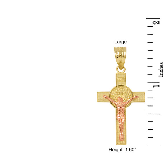 Two Tone Yellow Gold and Rose Gold St. Benedict Crucifix Pendant Necklace (1.60")