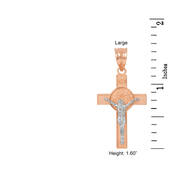 Two Tone Rose Gold and White Gold St. Benedict Crucifix Pendant Necklace (1.60")