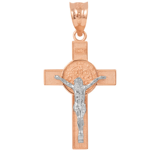 Two Tone Rose Gold and White Gold St. Benedict Crucifix Pendant Necklace (1.60")