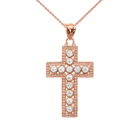 Rose Gold Diamond Cross  Pendant Necklace