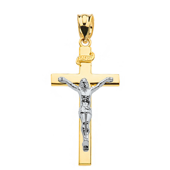 Two Tone Yellow Gold and White Gold Jesus Crucifix Cross Pendant Necklace ( 1.60")