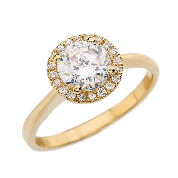 Gold CZ Round Halo Engagement/Proposal Ring With Cubic Zirconia