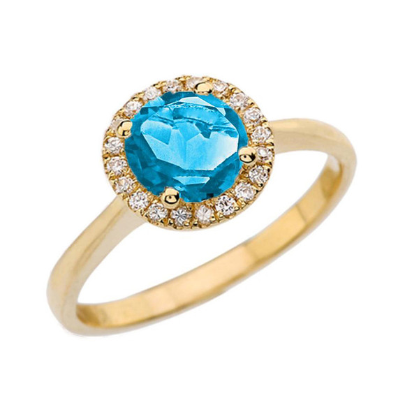 Gold Diamond Round Halo Engagement/Proposal Ring With Blue Turquoise Stone