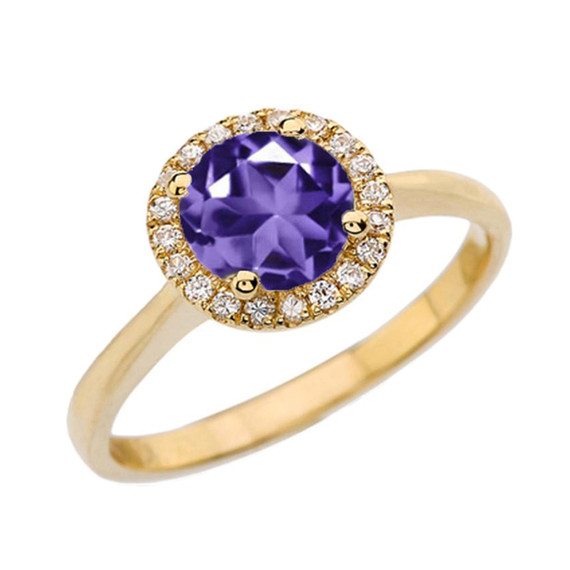 Gold Diamond Round Halo Engagement/Proposal Ring With Amethyst Stone